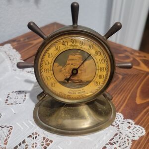 Vintage Advertising Brass Ship Wheel Thermometer Compliments of Frank Dixon Chic